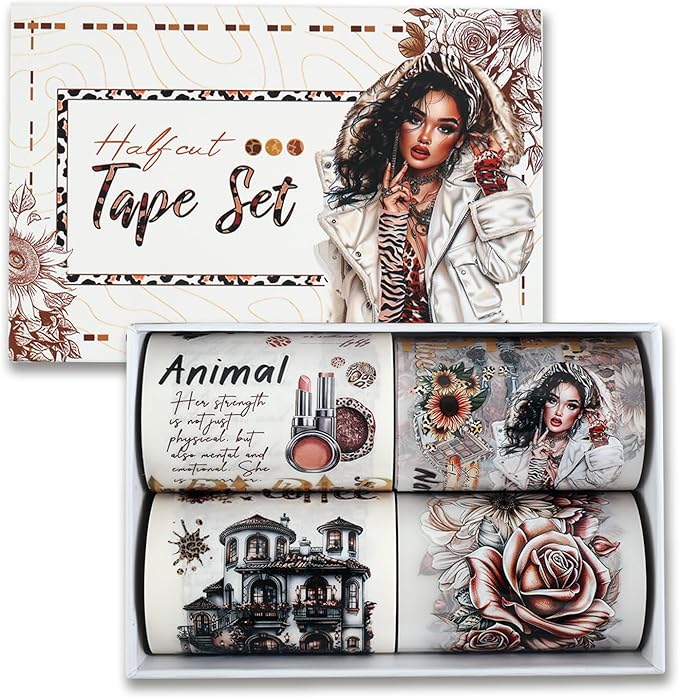 Dizdkizd Washi Tape Set, 4 Pre-Cut Animal Print PET & Washi Tapes Stickers with Diverse Sexy Women, Flowers, Adult Journaling Supplies for Collage Scrapbooks Craft Project