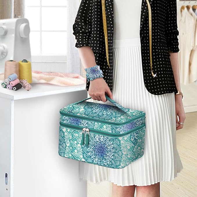 FINPAC Sewing Accessories Storage and Organizer Case, Double-Layer Sewing Kits Carrying Bag with Wrist Pin Cushion for Threads, Needles, Embroidery Floss Supplies, Felting Kits (Emerald Illusions)