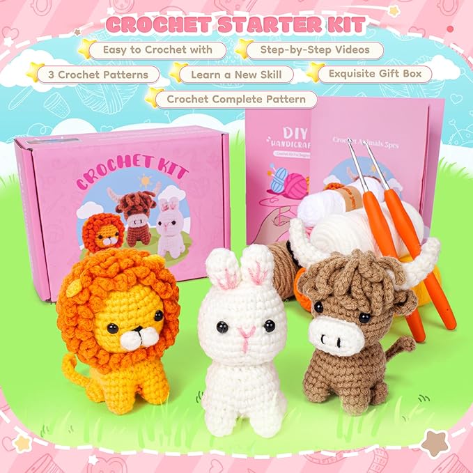 fortuning's jds crochet kit for beginners, amigurumi crochet animal kits, crocheting kit for starters adult with step-by-step video tutorials, animal kits with highland cow, lion, bunny