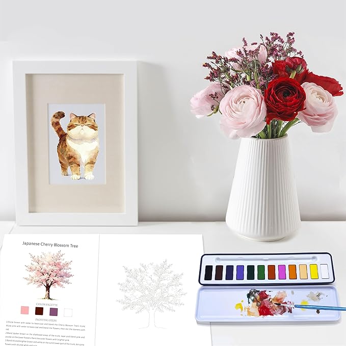 2Pcs Watercolor Workbook Creative Water Color Paint Book Set with Paints & Brush, 12 Patterns of Original DIY Designs, Beginner-Friendly Adult Coloring Books(Cat & Tree)