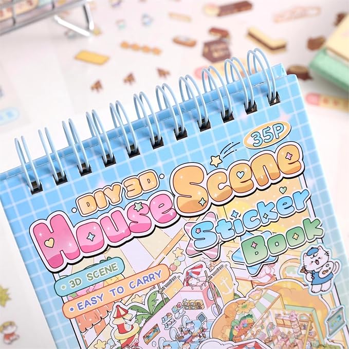 10 Sets DIY 3D House Stickers, Scene Miniature Sticker Book, Cute Cartoon Scenes for Women Girls Teen Kids, Make Your Own Sticker, Fun Room BookRelief Stress Pass The Time