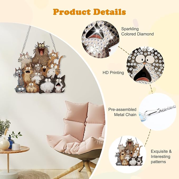 HEIBAGO Cat Diamond Art Hanging Kits for Adults, Diamond Art Suncatchers, 5D Special Shape Diamond Painting Pendant, DIY Window Ornament Gifts for Home Garden Door Wall Decor 8.3 x 8.3 Inch