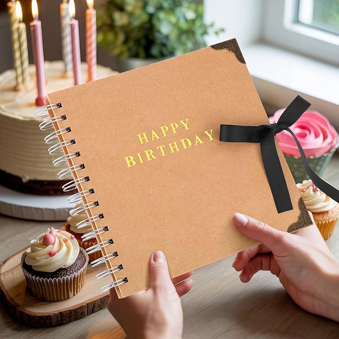 8 x 8 Inch Birthday Guestbook Scrapbook DIY Happy Birthday Photo Album Guest Book Sign with Pens, Envelope, Letter Paper, Pearl Stickers, Metallic Letters