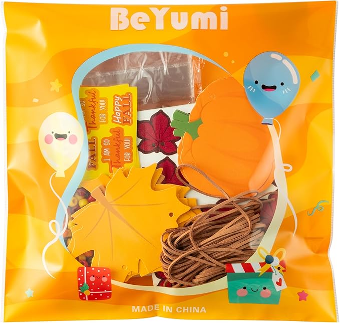 BeYumi Fall Necklace Craft Kit - 24Pcs DIY Thankful Pumpkin Maple Leaves Wooden Pendant Necklace Making with Greeting Card Thanksgiving Gratitude Beads Kit Autumn School Classroom Party Favor