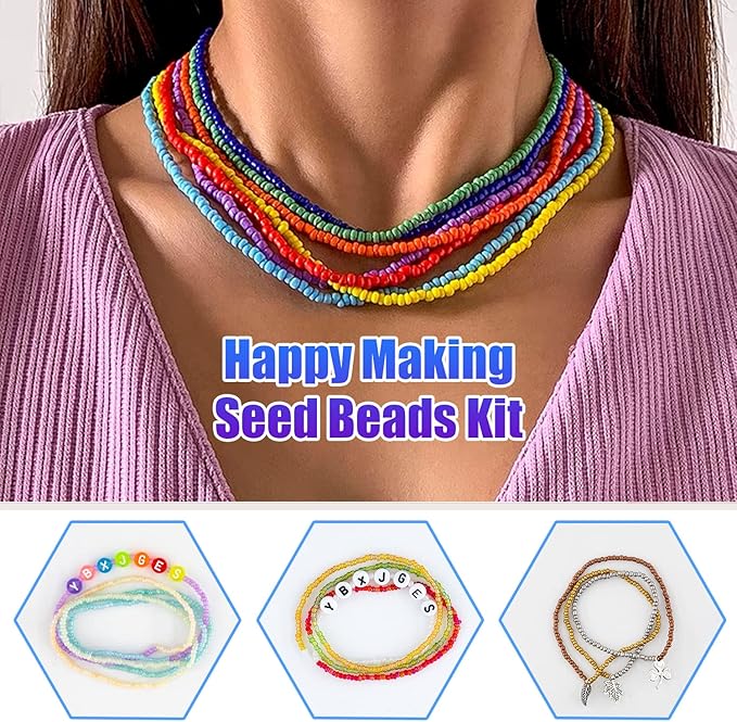 42000Pcs 2mm Glass Seed Beads 12/0 Small Tiny Beads Kit with 150Pcs Alphabet Letter Beads Pendants Charms Jump Ring Elastic String for DIY Bracelets Necklace Jewelry Making Supplies