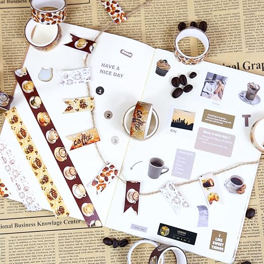 12 Rolls Washi Tape Set,6 Design Coffee Themed Decorative Tape Vintage Watercolor Brown Cafe Masking Tape for Journaling Supplies, Junk Journal, Scrapbooking, DIY Arts & Crafts, Gift Wrapping