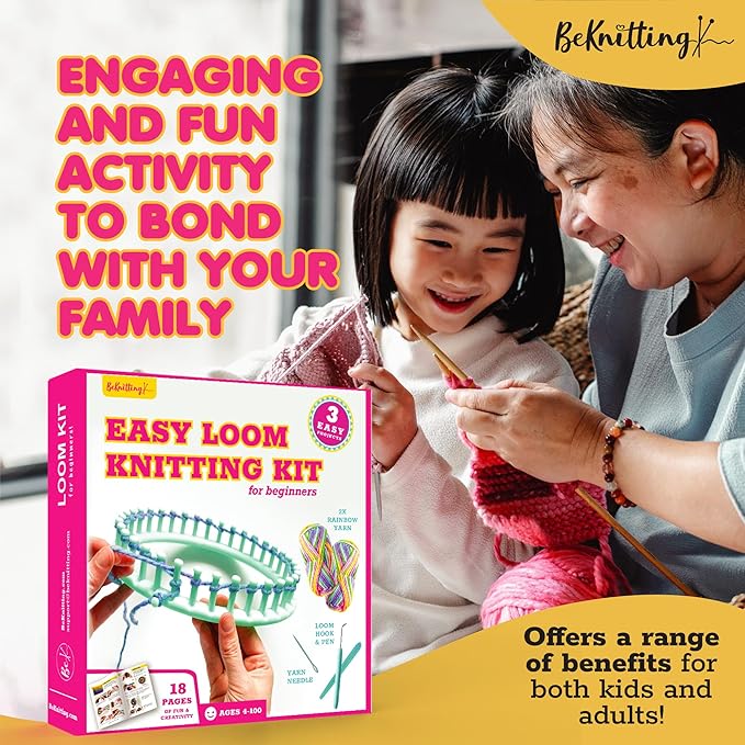 BeKnitting Loom Kit - Beginner Learn to Knit Hat, Bag and Headband for Kids & Adults | DIY Arts & Crafts w/Round Loom, Yarn, Crochet Hook, & Pen | Weaving | Holiday Gifts, Gift-Ready Box