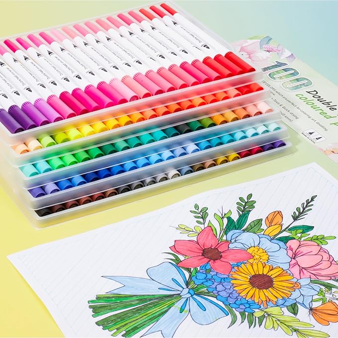 100 Colors Markers for Adult Coloring Books No Bleeding - Dual Tip Water Based Art Coloring Markers Set for Drawing, Painting, Fine Tip and Brush Tip Brush Pens for Artists(White Barrel)