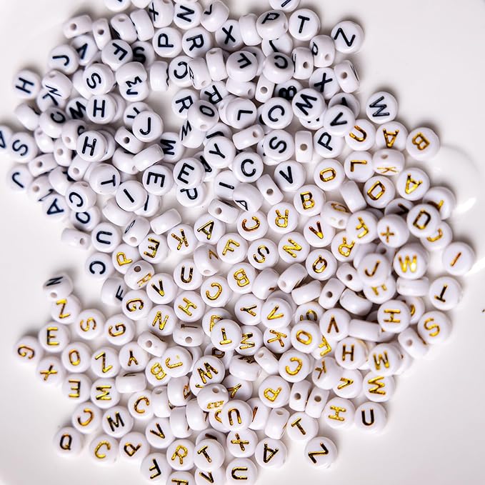 nikkiGuo 1250 PCS Letter Beads Kit with Elastic Cord – Alphabet A–Z, Numbers, Heart, Moon, Star, Smiley Beads for Friendship Bracelets & DIY Jewelry (White Beats & Black/Golden Letters)