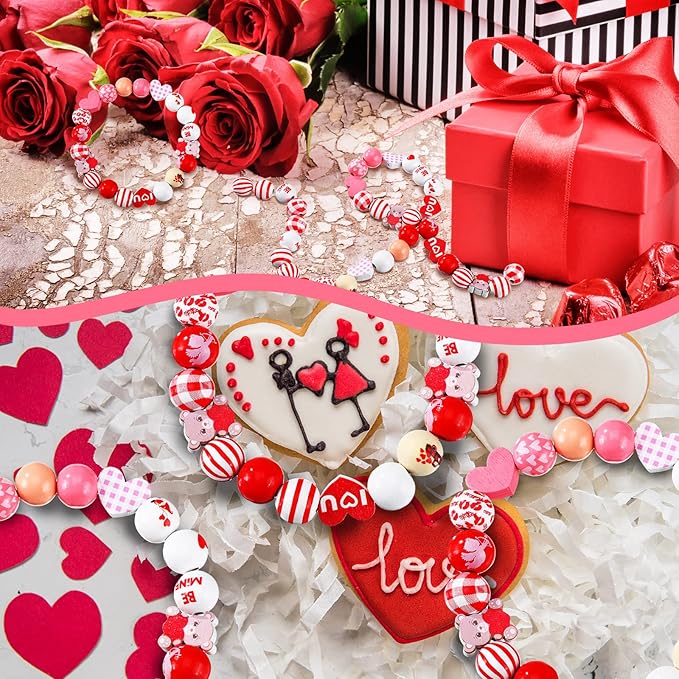 200 Pcs Valentines Day Wood Beads Pink White Hearts Beads Colorful Plaid Wooden Round Craft Wooden Natural Rustic Craft Kits for DIY Crafts Garland Party Supplies Decor