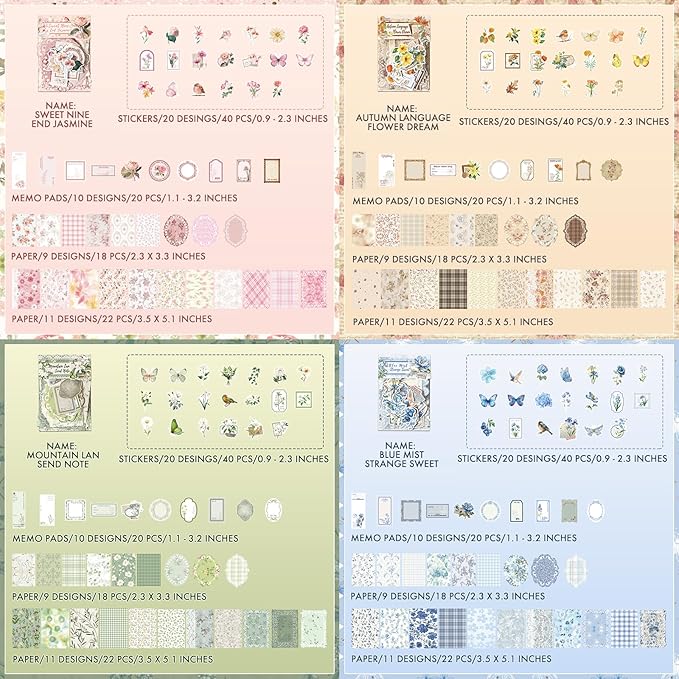 Scrapbook Supplies Kit – 400Pcs Vintage Floral Scrapbook Paper & Junk Journal Stickers, 4 Pack Journaling Supplies for Bullet Journaling, Retro Crafts, Planner, Mixed Media, Collage Card Album