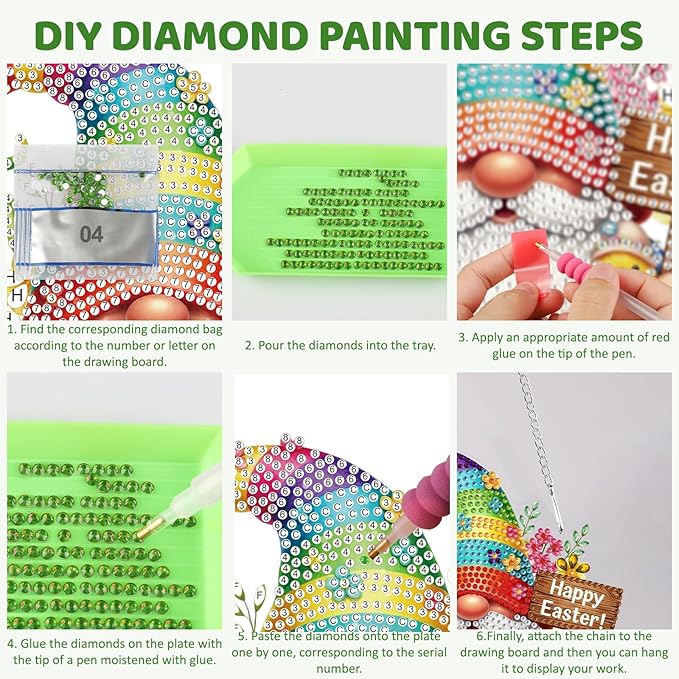MEIYUDA Easter Gnomes Diamond Art Hanging Kits for Adult, Happy Easter Diamond Painting Hanging Kits Ornaments, DIY Special Shaped Rhinestone Window Pendants kit for Home Garden Wall Decor Gift