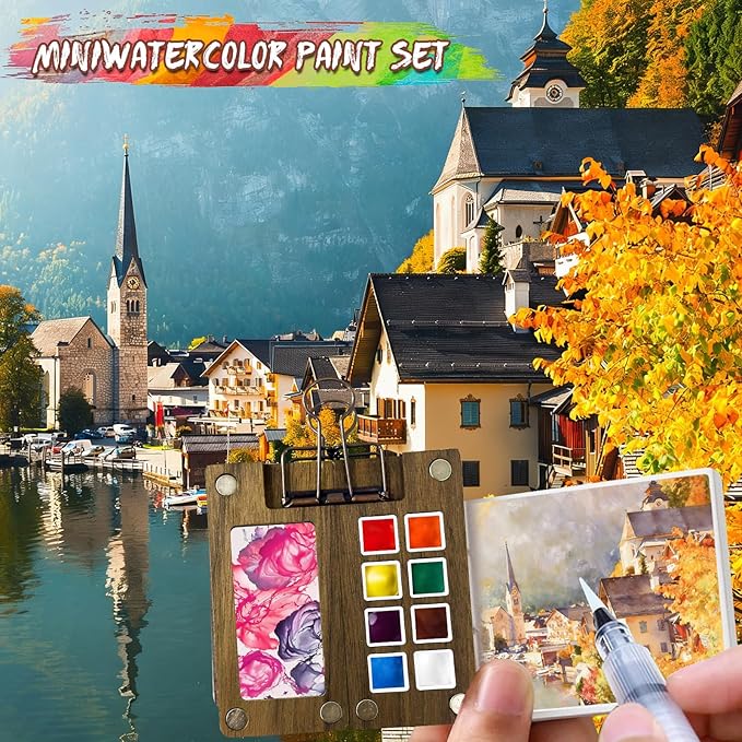 Mini Watercolor Paint Set, Travel Paint kit, Pocket Watercolor Set with Paint, Brush, Sketchbook & Copper Clip for Beginners, Artists & Painting Lovers