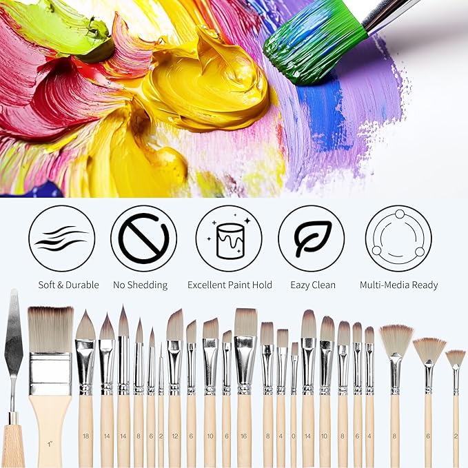 25PCS H&B Paint Brush Set, Travel Watercolor Acrylic Painting Brushes with Canvas Roll & Palette Knife, Professional Artist Brush Kit for Oil, Acrylic Canvas Paintings (Nature Wood)