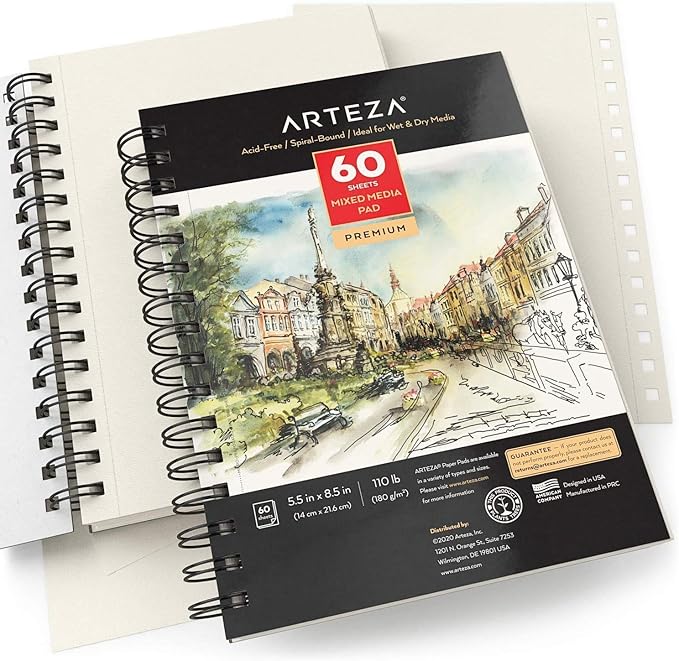 ARTEZA Mixed Media Sketchbook, 5.5 x 8.5 Inches, Pack of 3, 60 Sheets Each, Micro-Perforated Spiral-Bound Paper Pad for Wet and Dry Media