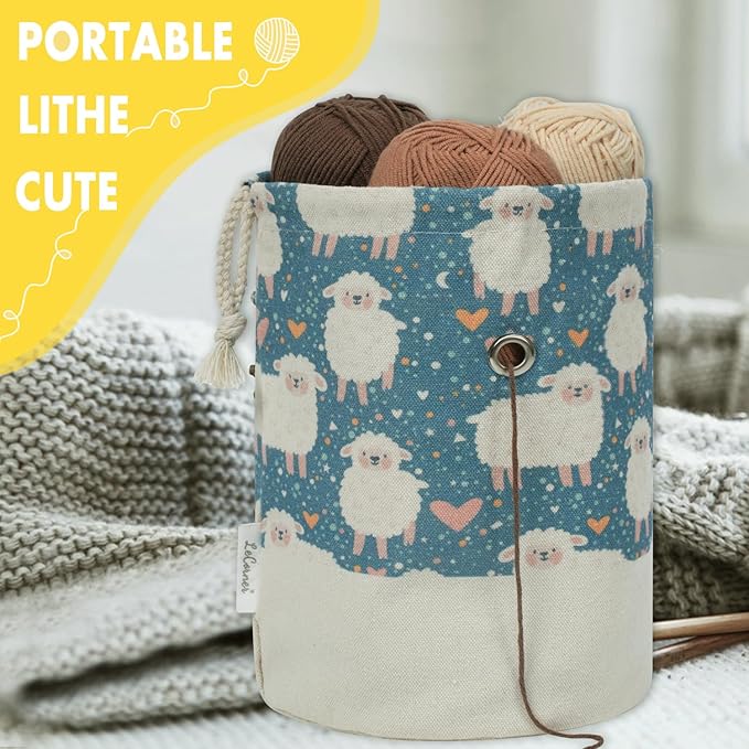 Small Crochet Bag Organizer, Drawstring Storage Knitting Bags, Portable Cute Sheep Yarn Holder for Crocheting Project, Store Skein Ball, Needles Accessories