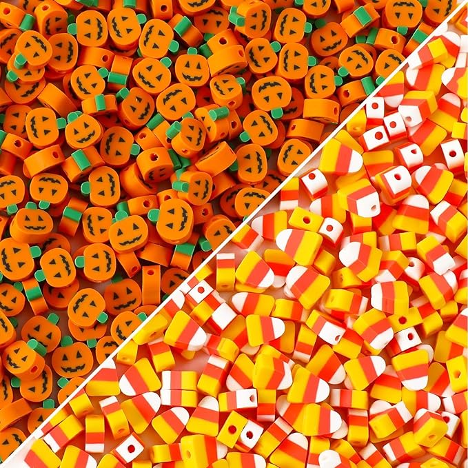 Augshy 300Pcs Halloween Polymer Clay Beads, Pumpkin Candy Corn Clay Beads Spacer Loose Beads for Bracelets Necklaces Earrings Craft Supplies for Jewelry Making