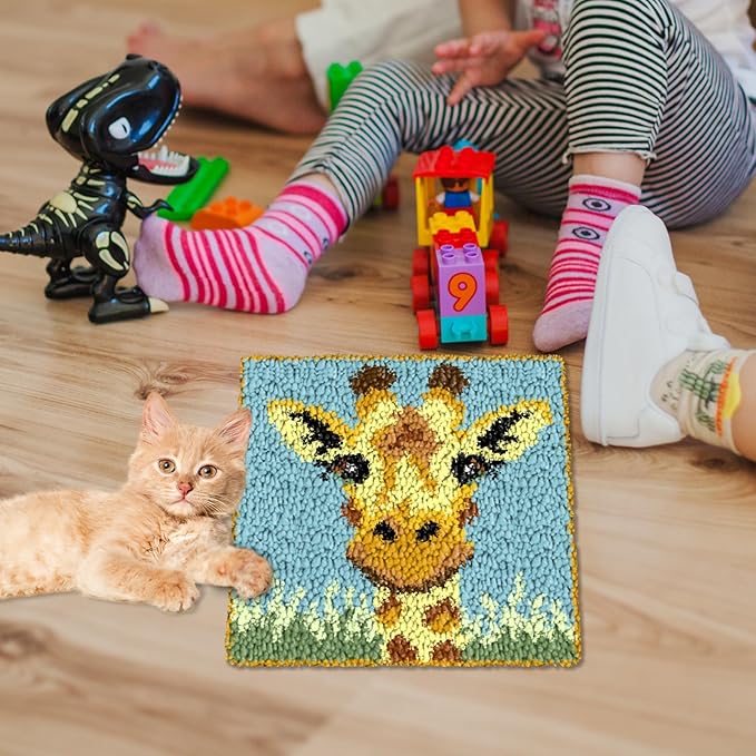 YP Latch Hook Rug Kits for Adults,Crochet Yarn Pre-Printed Cushion Embroidery Needlework Carpet DIY Tapestry Rug Making Kit for Family Decoration 12X12inch(Giraffe)