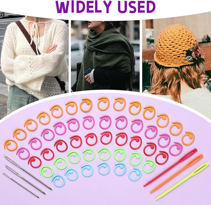 Lokunn 100 Pcs Metal Stitch Markers, 5 Color Helical-Shaped Crochet Markers Ring, 9 Pcs Large Eye Blunt Sewing Needles with Storage Box for DIY and Craft Sewing