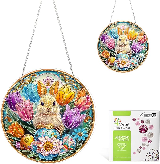 MAXBYE Easter Diamond Art Painting Kits Hanging Cute Rabbit Pendant, DIY 5D Special Shaped Tulips Gem Art Craft Diamond Dots for Adults and Home Window Door Decor 8×12Inch
