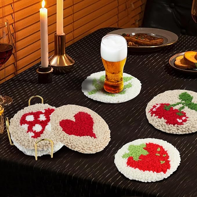 AIRDEA Punch Needle Drink Coasters Kit,Casual Punch Needle Embroidery Complete Kits for Beginner 3.29x3.29 Inches,Included All Accessories,DIY Car Coasters (Beige)