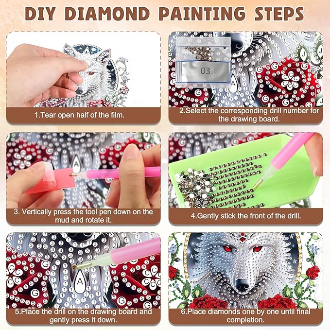 DOMROM Wolf Diamond Art Hanging Kits for Adults Beginner, Special Shaped Crystal Diamond Painting Wolf Pendant, DIY Diamond Art Suncatchers Animal for Home Garden Wall Decor Gift