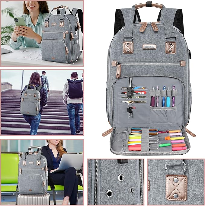 Crochet Bag, Knitting Bag Backpack and Totes Organizer with USB Charging Port, Large Yarn Storage Tote Bag