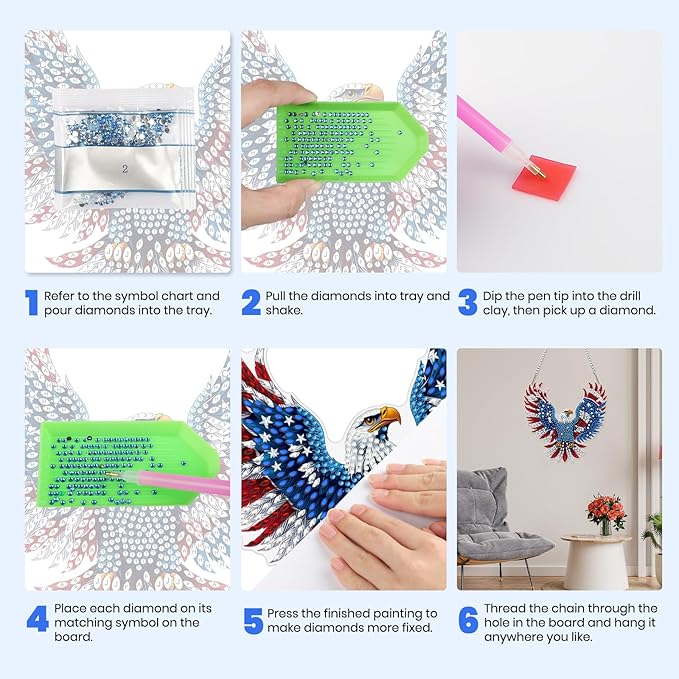 MXJSUA American Eagle Diamond Painting Art Window Suncatchers, Diamond Art Kits for Adults Hanging Ornaments with Chain, 5D Special Shape Crystal Diamond Pendant Accessories for Decor Gift