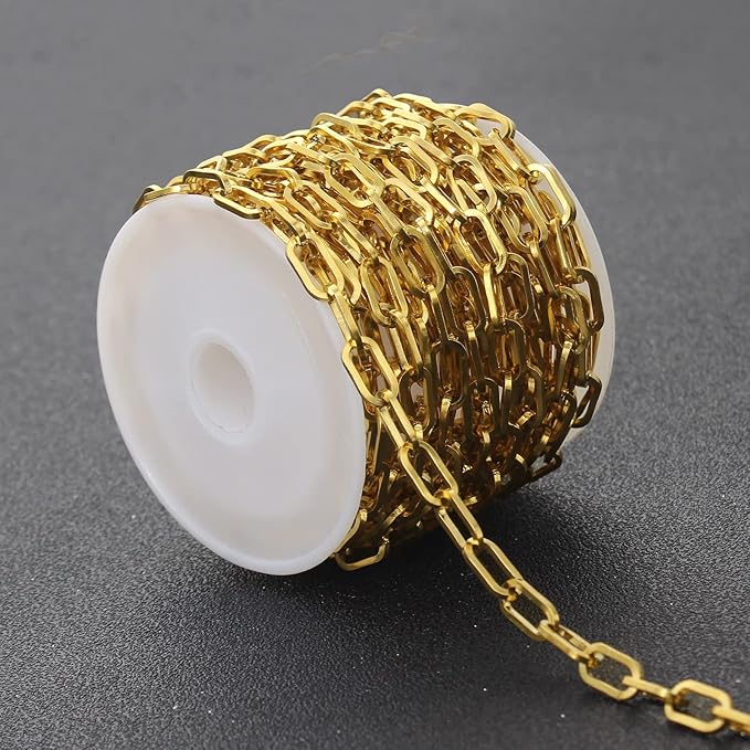 16.4 Feet Gold Plated Stainless Steel Chain Bulk Flat Paperclip Link Chains 5x10mm Jewelry Chain Roll with Jump Rings Lobster Clasps Oval Cable Chains for DIY Jewelry Making