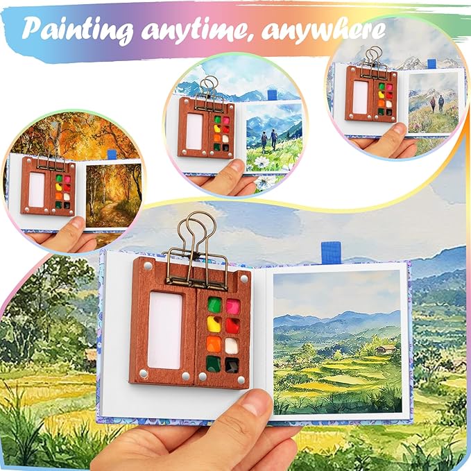 Travel Watercolor Set,Mini Paint Palette Travel kit,Mini Water Color Paint Set,Wooden 8 Grid Paint Box,12 Colors Small Watercolor Sketchbook for Artists Painters Students (12-blue)