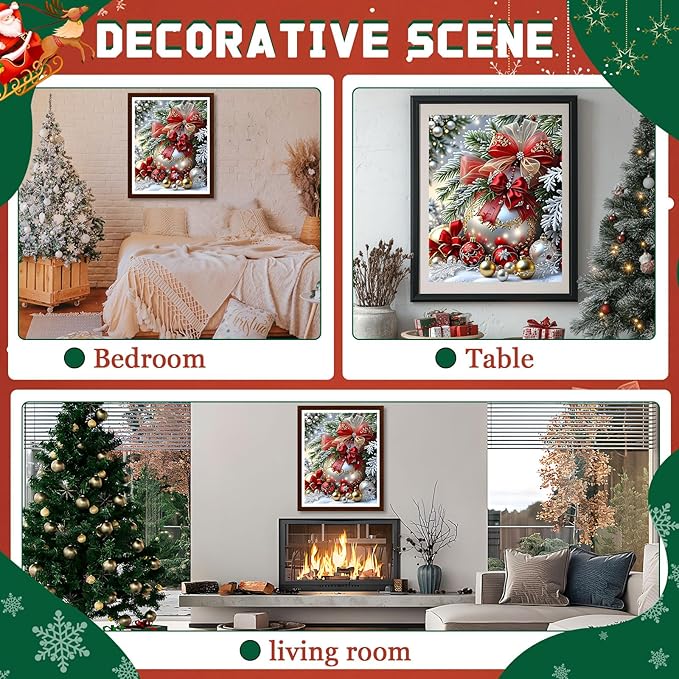 EMIEAUFG Christmas Diamond Art Kits for Adults, Christmas Ornament Diamond Paiting Kit for Beginners, 5D DIY Round Full Drill Craft Diamond Dot Gem Art, Home Wall Decor 12" x 16"