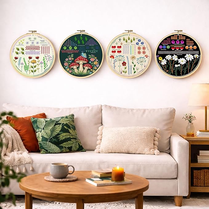 Moni Crafts - Embroidery Kit for Beginners Adults โ Learn Embroidery Stitches, Complete Starter Kit with 4 Pre-Printed Patterns (Mushroom & Floral), Threads, Needles & Hoop โ Video Tutorials