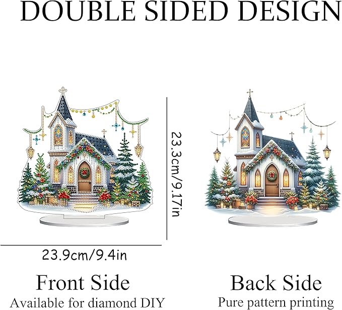 JJFox DIY Tabletop Diamond Art Painting Kit,Special Shaped Rhinestone Desk Placement Ornament,Home Stand Up Gem Painting Craft Kit,Gift,Double Sided. (Christmas House-2)