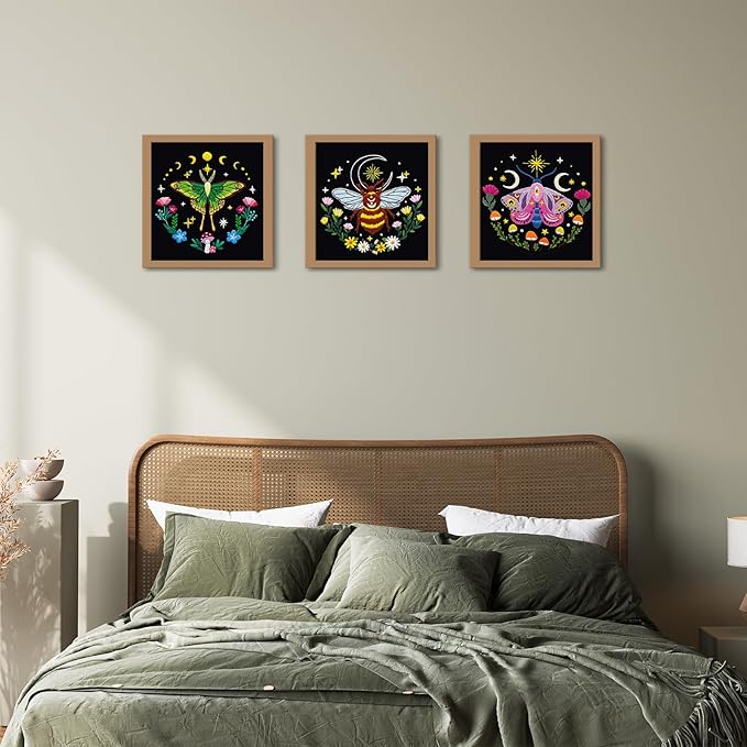 Nuberlic 3 Pack Embroidery Kit for Adults Beginners, Stamped Cross Stitch Moth and Bee Patterns with Hoop, Thread, Needles & Step-by-Step Guide Easy DIY Starter Kit
