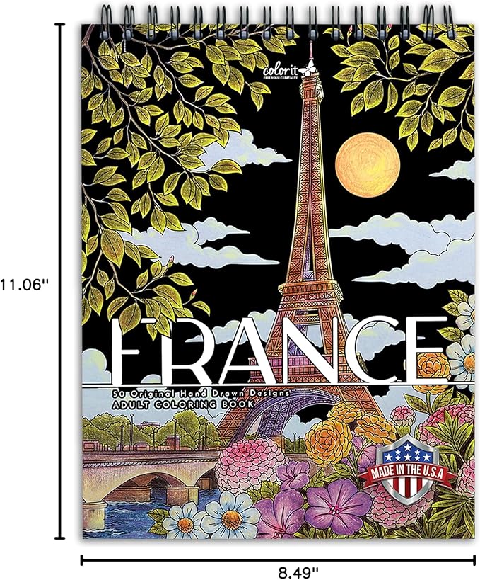 ColorIt France Adult Coloring Book, 50 Picture Perfect Coloring Pages of French Landscapes and Famous Landmarks, Printed on Thick Paper with Spiral Binding, Hardback Covers, and Ink Blotter Paper