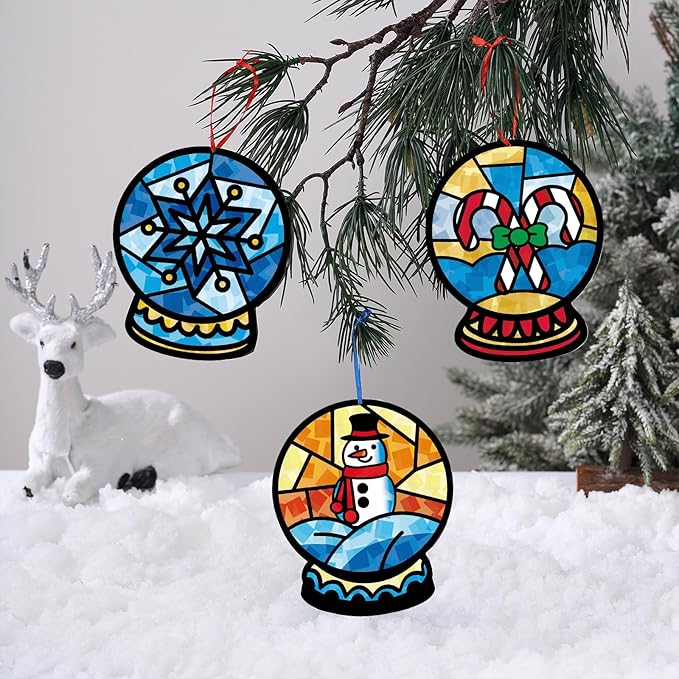 30 Pcs Christmas Snow Globe Suncatchers Paper Craft Set Snow Globe DIY Stained Glass Effect Tissue Paper Kits Gift Bulk for Xmas Classroom Activities Art Party Decor