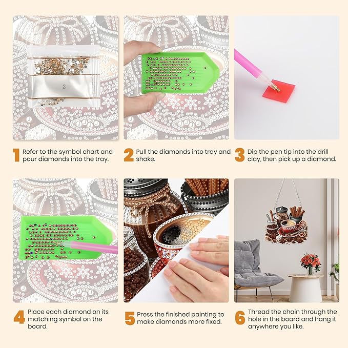 MXJSUA Coffee Kitchen Utensils Diamond Art Hanging Kits for Adults Beginners, Crystal Diamond Suncatchers, Special Shape Diamond Painting Pendant Window Ornament Gifts for Home Garden Door Wall Decor