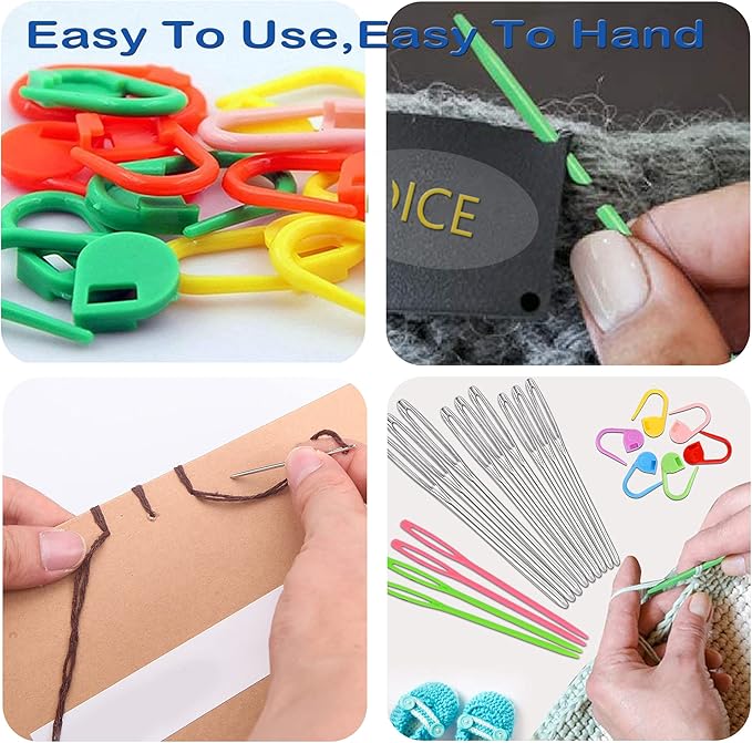Orrdice 26 Pcs Sewing Knitting Kits, 9 Pcs Large-Eye Blunt Yarn Needles, 4 Pcs Plastic Weaving Needles,12 Pcs Colorful Knitting Crochet Locking Counter Stitch Needle, Suitable for Crochet Project