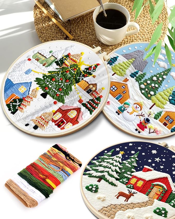 TINDTOP Christmas Embroidery Kit for Adult, 3 Pack Embroidery DIY Starter Kit, with Stamped Patterns, Hoop, Tools, Colorful Threads with Needles, Instructions