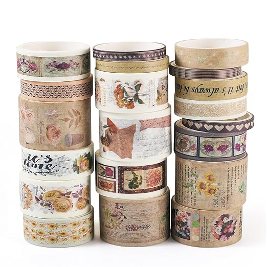 Beadthoven 20 Rolls Vintage Flower Washi Tape Set, 5/10/15/20/25mm Rustic Floral Decorative Tape Assorted Masking Tape Decor Sticker for Scrapbooking Bullet Journal Planner Present Wrapping DIY Craft