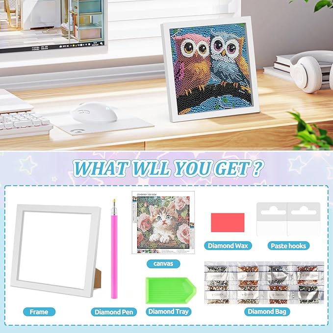 SENQAO Owl Diamond Art Kit for Adults with Frame Art and Crafts for Adults Ages 6-8 -10-12 Easy to DIY Diamond Art for Adults and Adult Beginners Home Wall Decoration 7.1x7.1inch