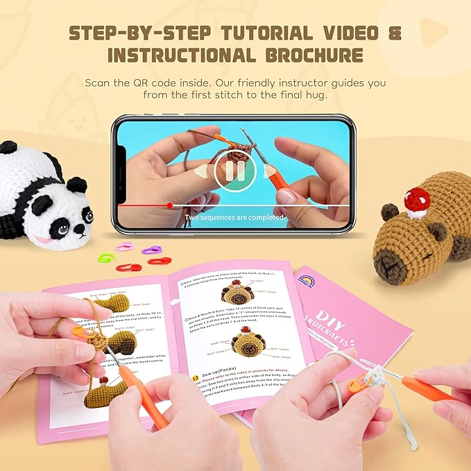 fortuning's jds crochet kit for beginners, panda & capybara crochet animal kits, easy crochet kit for adults, complete diy craft knitting kit w/step-by-step video tutorials christmas gifts