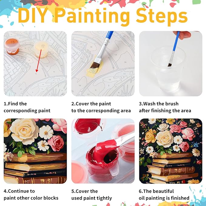 Book Paint by Numbers for Adult,Flowers Paint by Numbers Kit for Adults Beginners, DIY Acrylic Painting on Canvas for Home Wall Art Decor 16x20 Inch