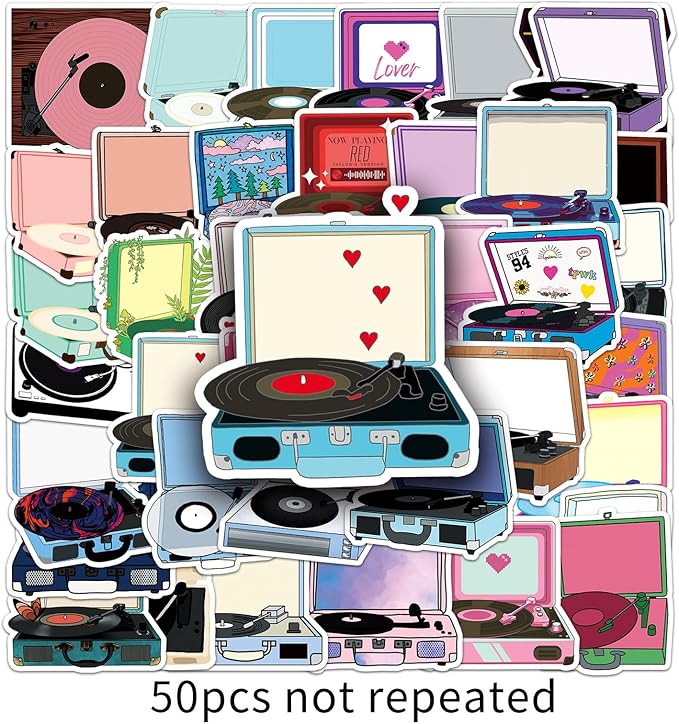 Retro Record Player Stickers for Scrapbooking,50 Pcs Vintage Vinyl Player Decals, Waterproof Vinyl Stickers for Journals, Laptops, Home Decor, Ideal for Music Lovers Adults(Record Player)
