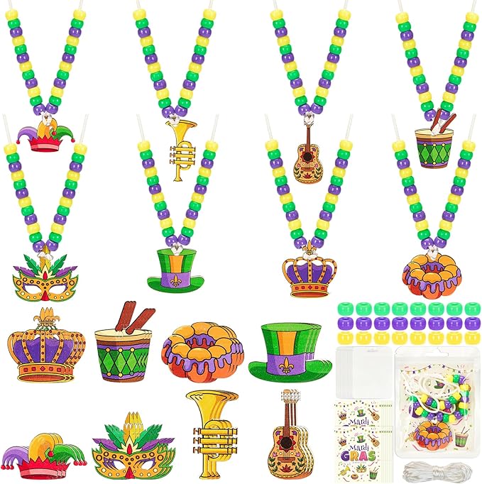 Bafeil Mardi Gras Crafts Beads Necklace Making Kit 24 Sets - Arts and Crafts DIY Bulk with Mask Crown Jester Court Hat Charms, Carnival Party Favors Birthday Family Craft Activities