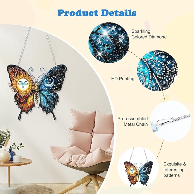 HEIBAGO Diamond Art Hanging Kits for Adults Kids, Hanging Diamond Art Butterfly, 5D Special Shaped Crystal Diamond Painting Kit Sun and Moon, DIY Pattern Window Pendant for Home Wall Decor 8.3x8.3Inch