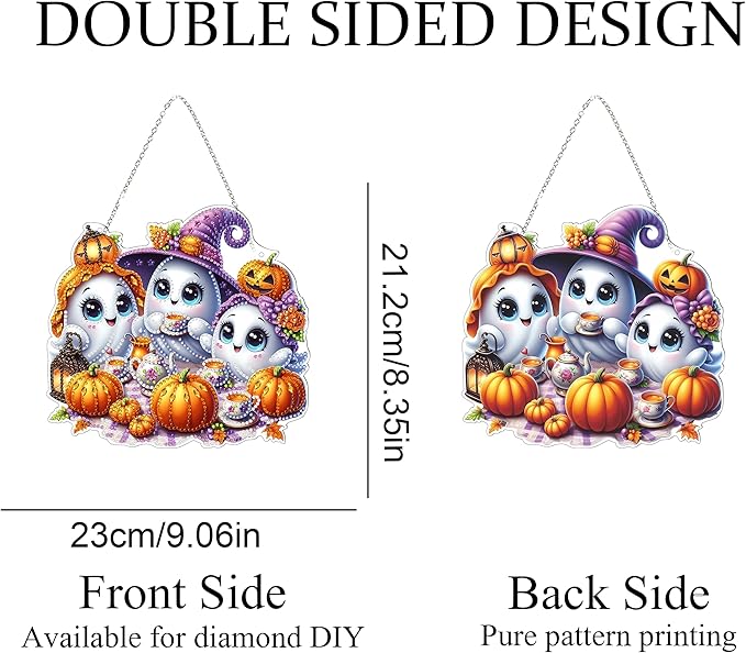 JJFox Diamond Art Hanging Kit for Adult,Special Shaped Rhinestone,Double Sided 5D DIY Acrylic Diamond Art Painting Window Pendants Home Garden Wall Hanging Kits Hanging Ornament (Halloween Ghost)
