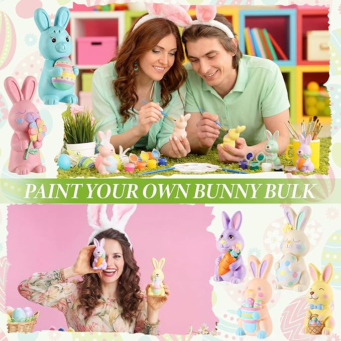 Zubebe 6 Pcs Easter Ceramics to Paint Bunny Kits Ready to Paint Your Own Easter Bunny Figurines 5.1 Inch 3D Unpainted Blank Ceramics with Brush and Palette Rabbit Statues for Craft (Simple Style)
