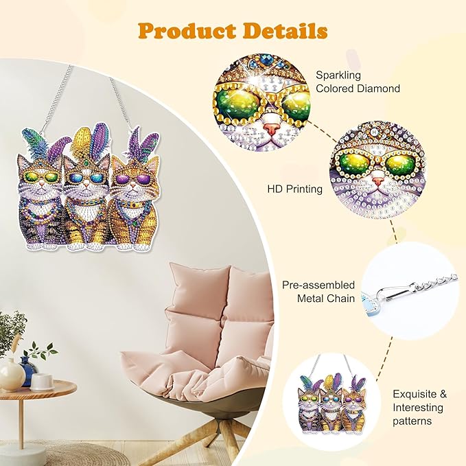 HEIBAGO Cats Hanging Diamond Art Kits for Adults, Special Shaped Crystal Diamond Painting Ornament Kit, DIY Double-Sided Pattern Window Pendant Gem Art Kit for Home Wall Decor 8.3x8.3inch