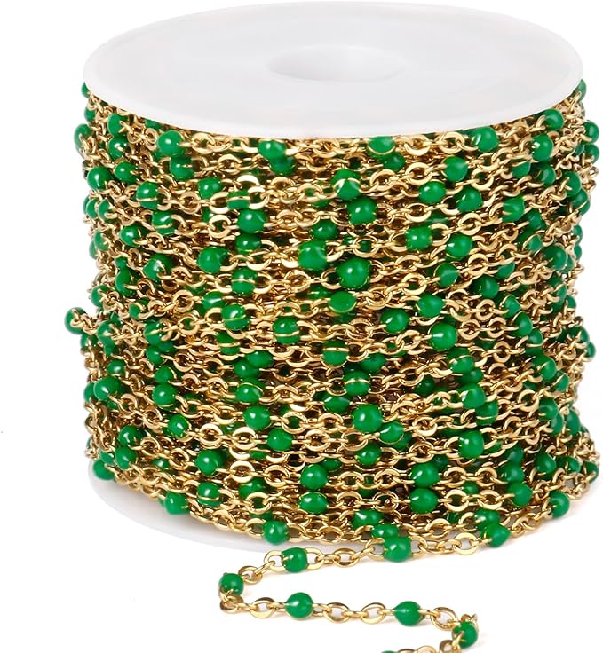 33 Feet Gold Enamel Chains Bulk, 2mm 18K Gold PVD Plated 304 Stainless Steel Green Enamel Beaded Cable Link Chain Roll Spool for Jewelry Making